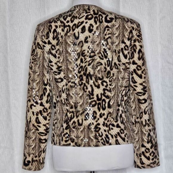 Joseph Ribkoff Sequin Brown & Tan Animal Print Double Zip Jacket Lined Blouse - Picture 4 of 14